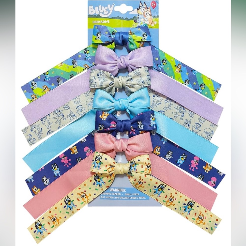 Bluey Printed Long Tail Hair Bow w/alligator clips 7-Pack Set - Multicolor
